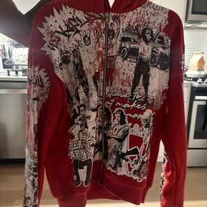 Red Graphic Zip-Up Hoodie